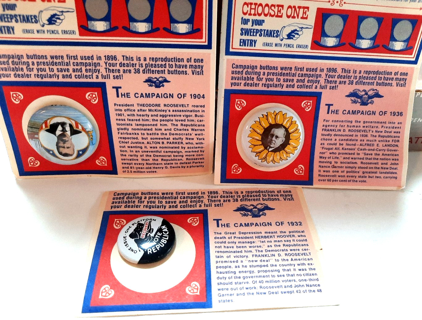 VTG Lot of 3 AMOCO Oil Reproduction Political Pins Campaign 1904, 1932, 1936