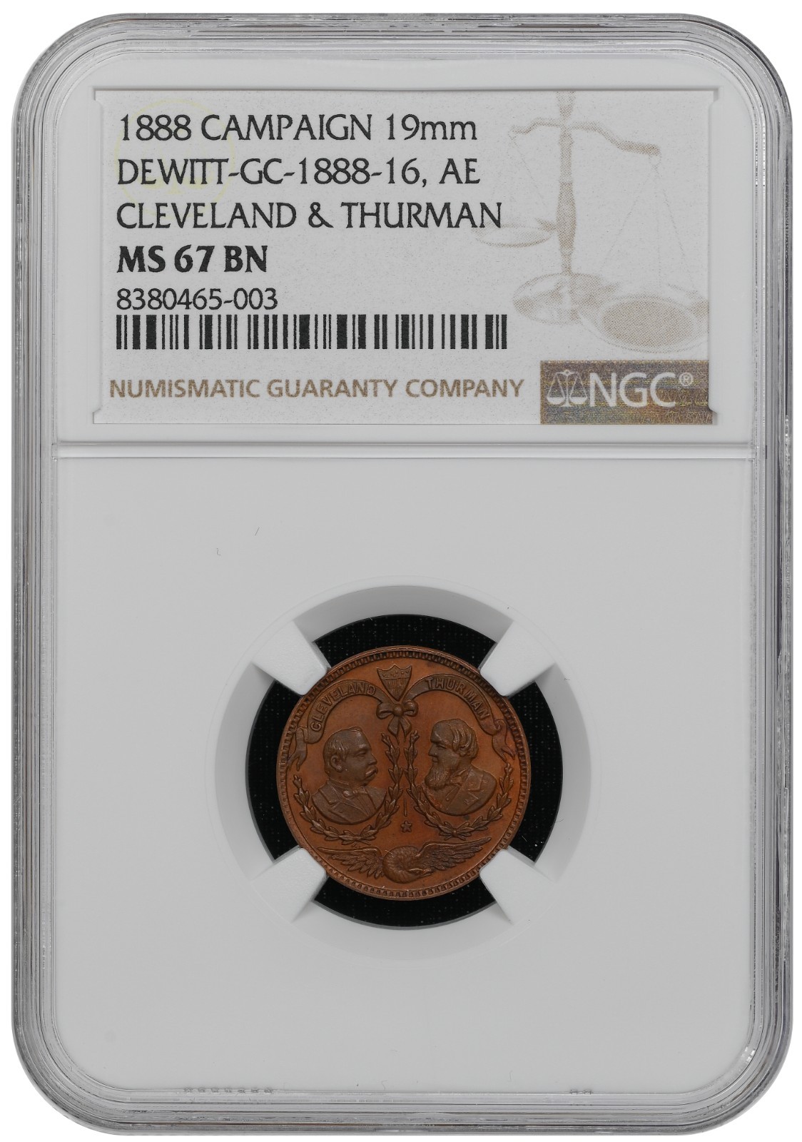 1888 POLITICAL CAMPAIGN 19mm DEWITT-GC-1888-16-AE Grover Cleveland NGC MS 67 BN