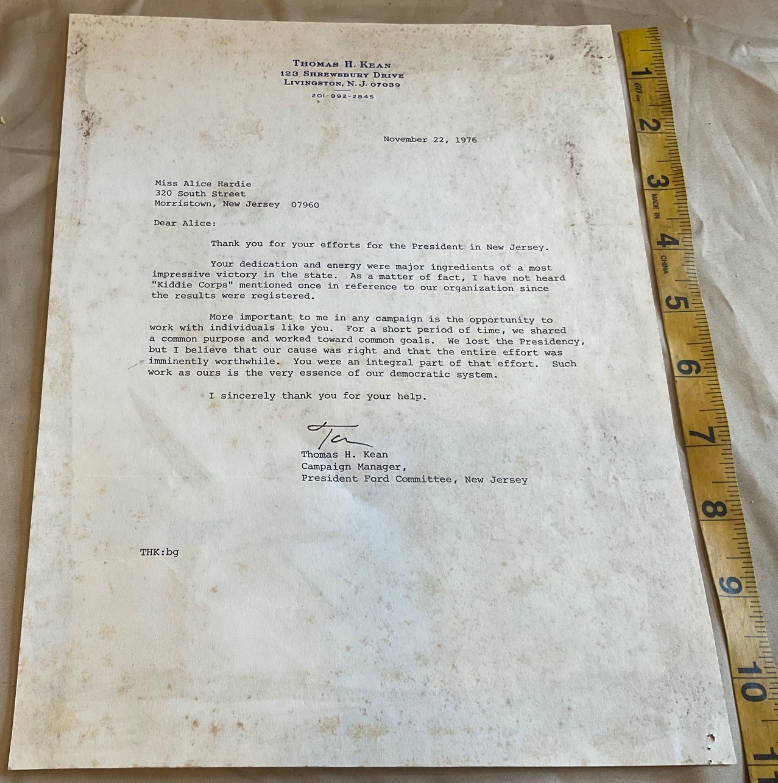 NJ Governor THOMAS H KEAN Signed Autographed letter Pres Ford / Dole Campaign