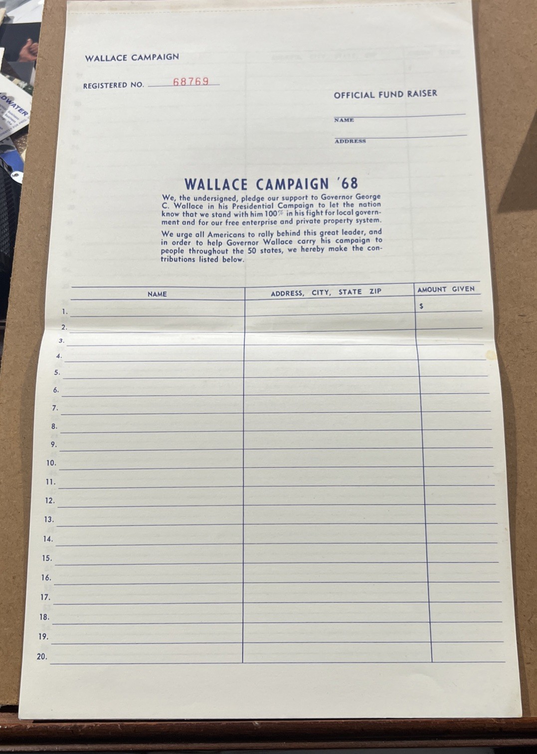 1968 George Wallace For President Campaign Fund Raiser Sheet #68769