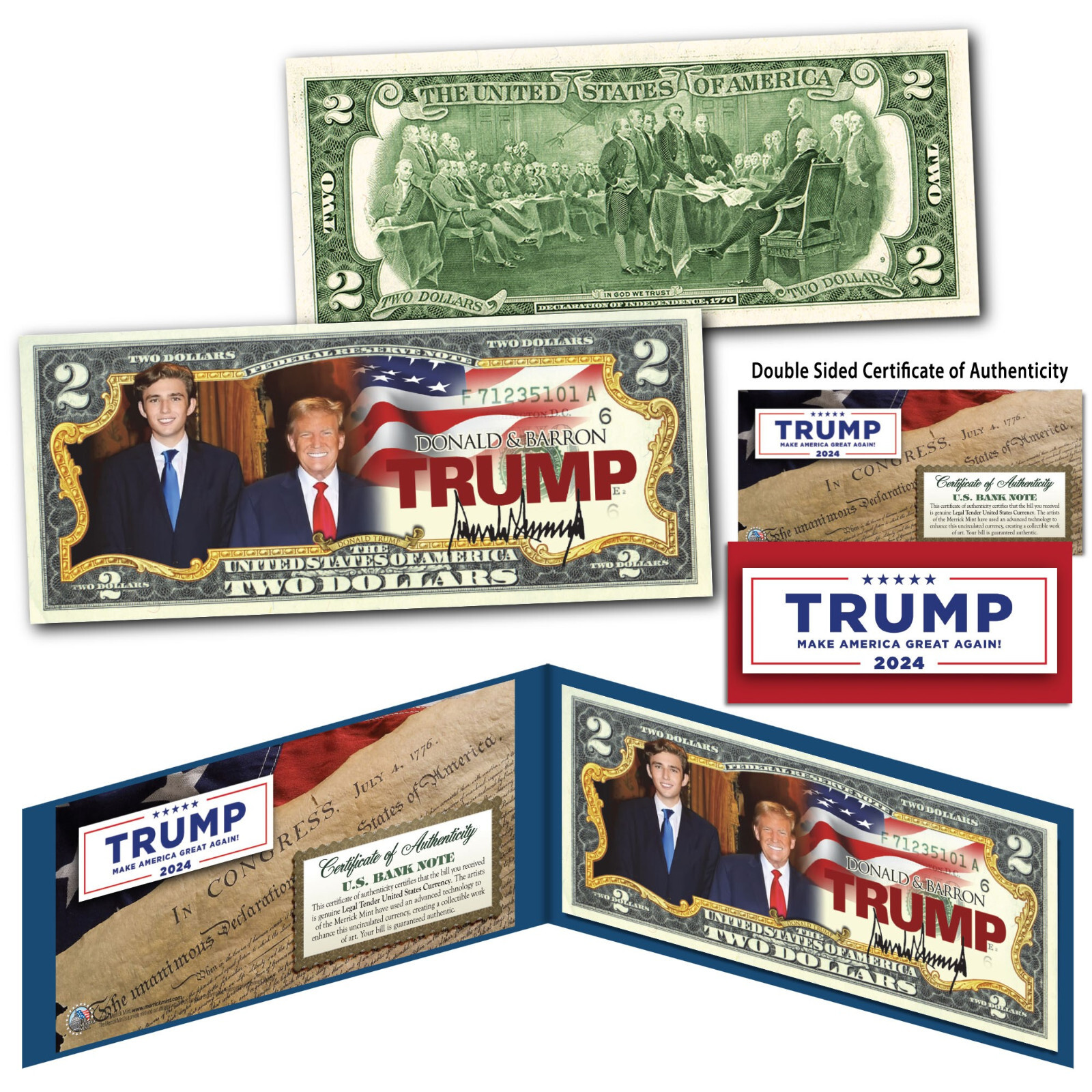 DONALD TRUMP & BARRON TRUMP Official Genuine Legal Tender U.S. $2 Bill