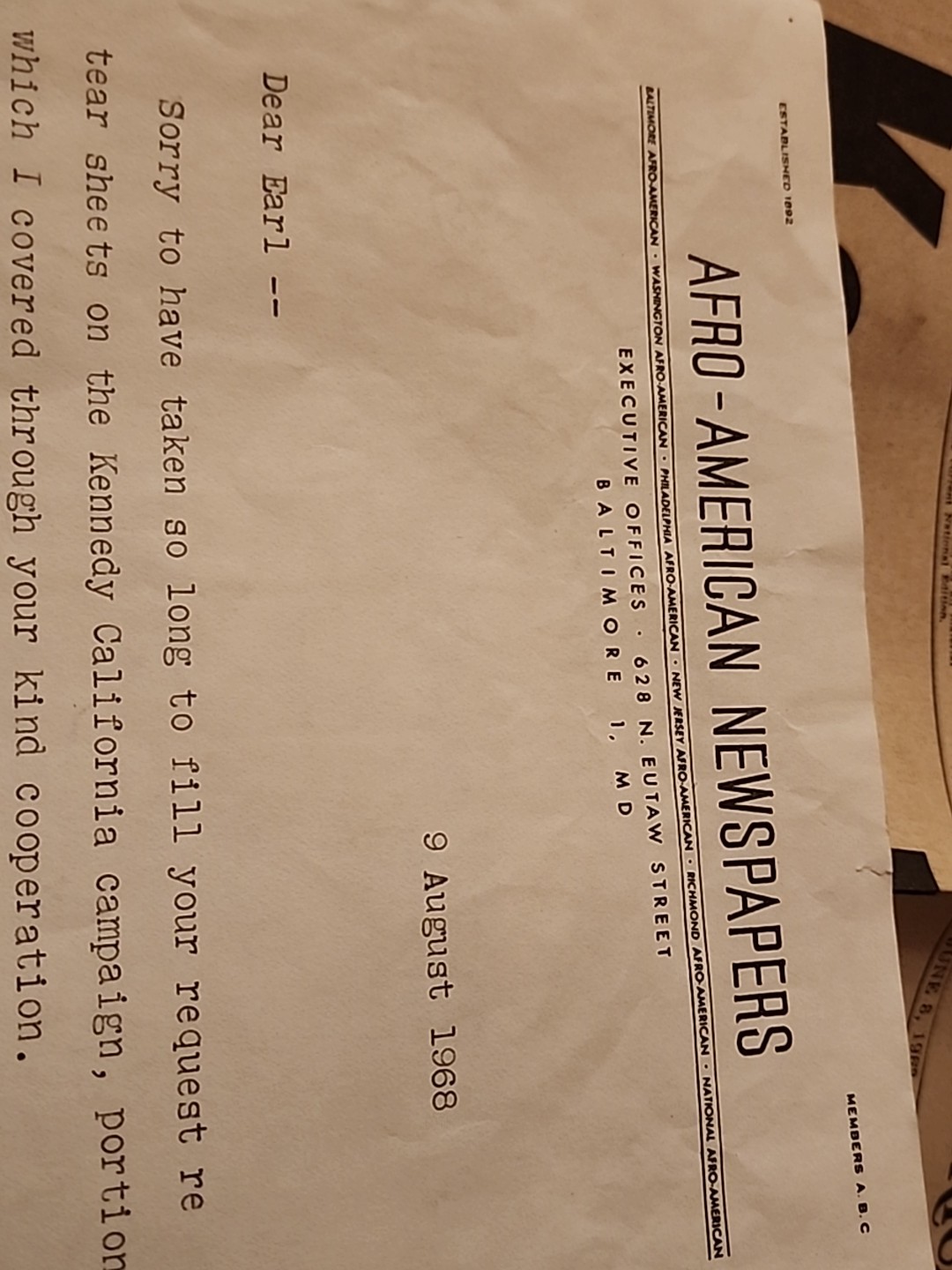 SIGNED Max Johnson Letter & AFRO AMERICAN BOBBY KENNEDY ASSASSINATION NEWSPAPERS