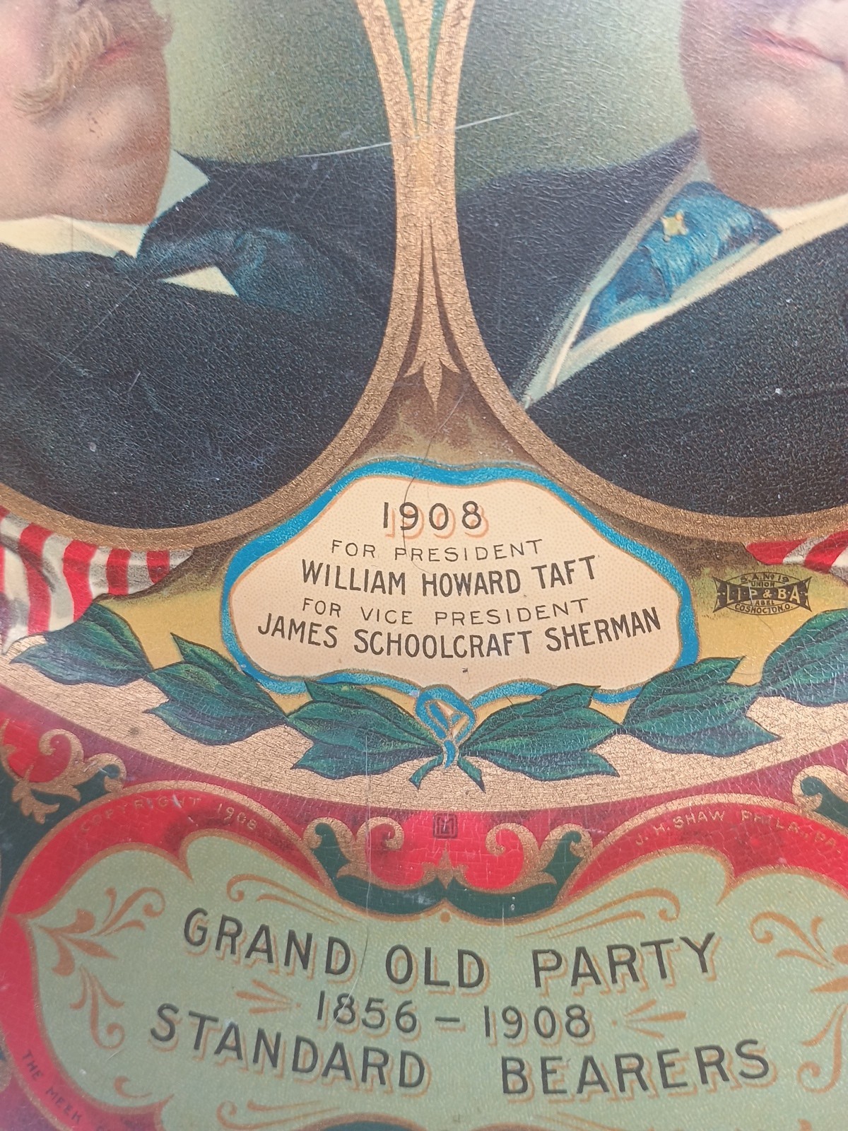 antique political 1908 tin plate Republican Wm Taft and James Sherman original