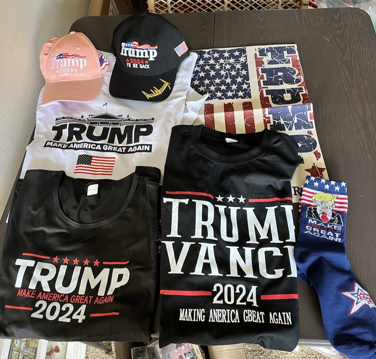 Lot Of Trump Shirts, Socks, Hats, Yard Flags. Make An Offer!