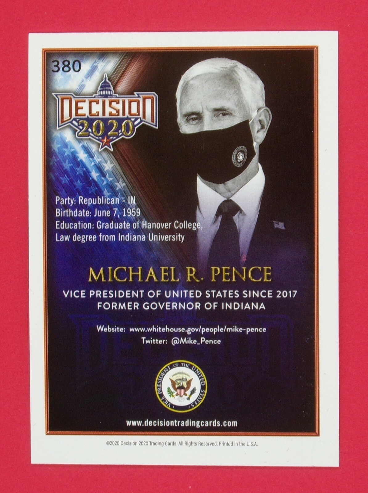Decision 2020 Michael R. Pence (w/mask) SP Base Variation #380 Vice President