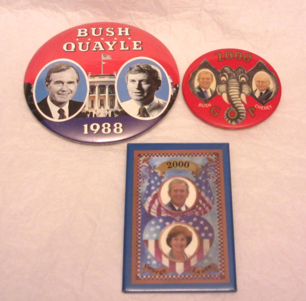 3 VTG George Bush Pins, 1988 Bush & Quayle, 2000 Bush & Cheney, 2000 Bush &Laura