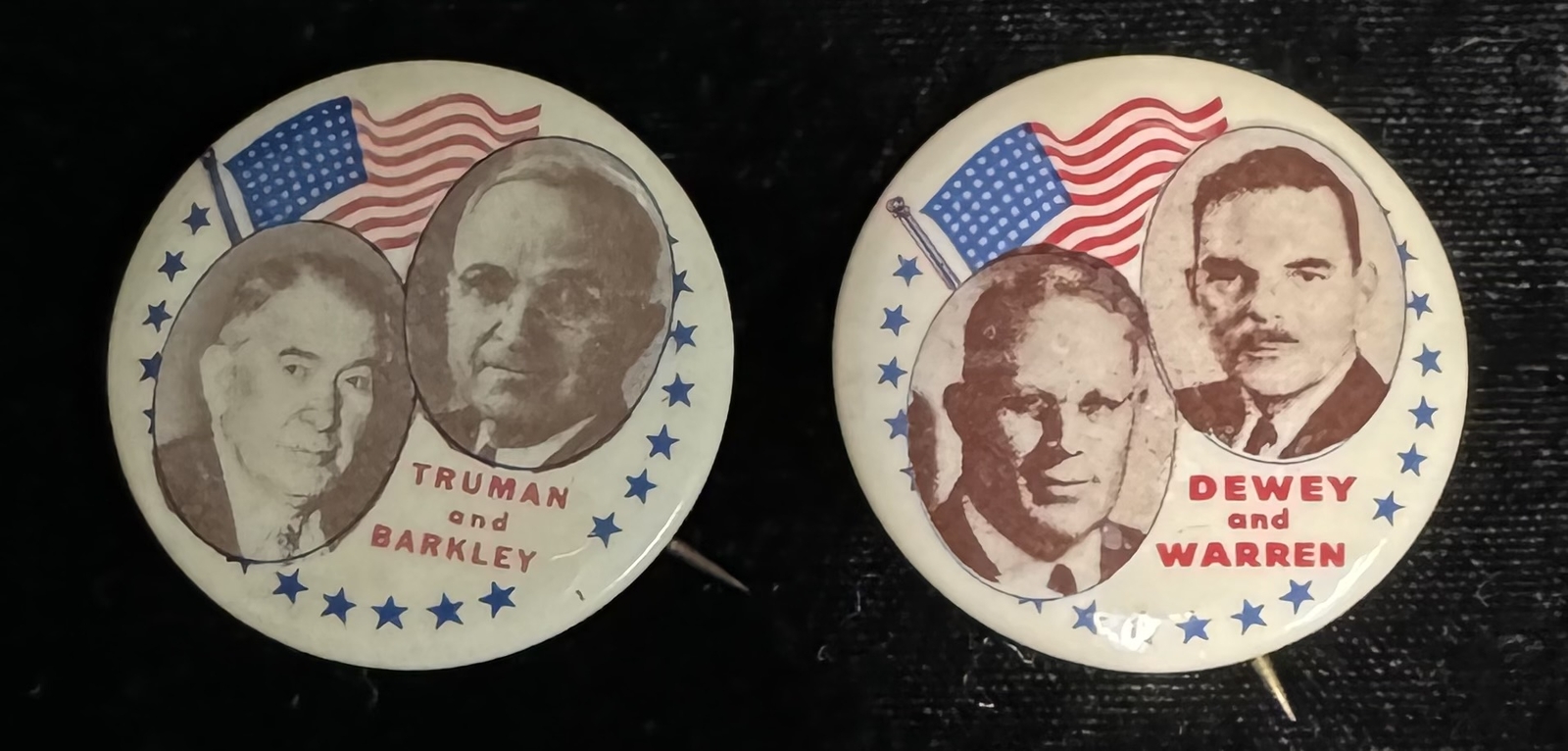 1948 1 1/4″ TRUMAN-BARKLEY, DEWEY-WARREN JUGATE CELLO BUTTON PAIR (2)-BOTH MINT!