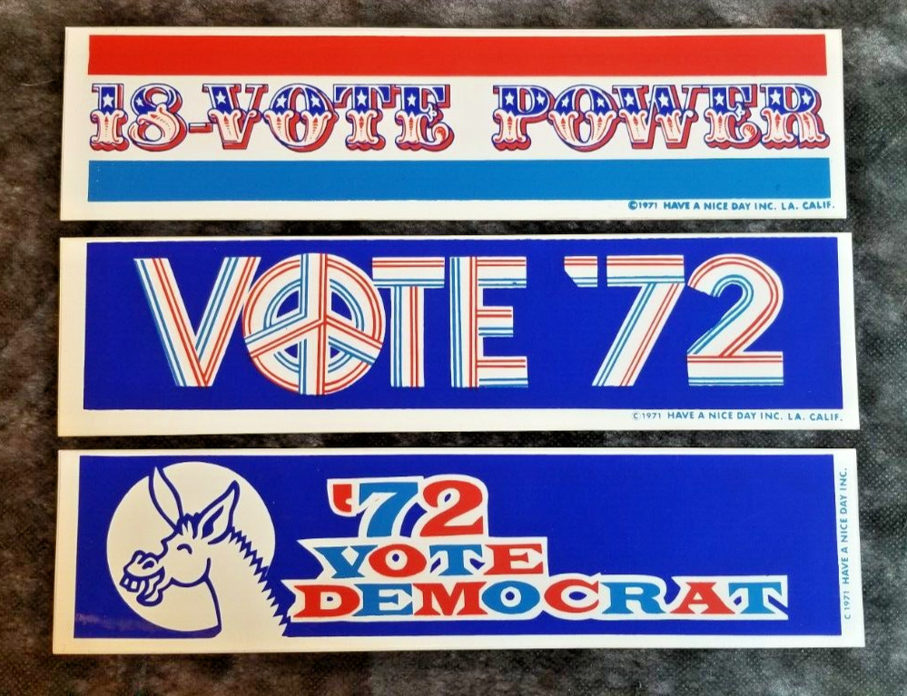 WOW! Lot of 3 Vintage 1972 Vote ’72 Democrat, 18 – Vote Power Bumper Stickers