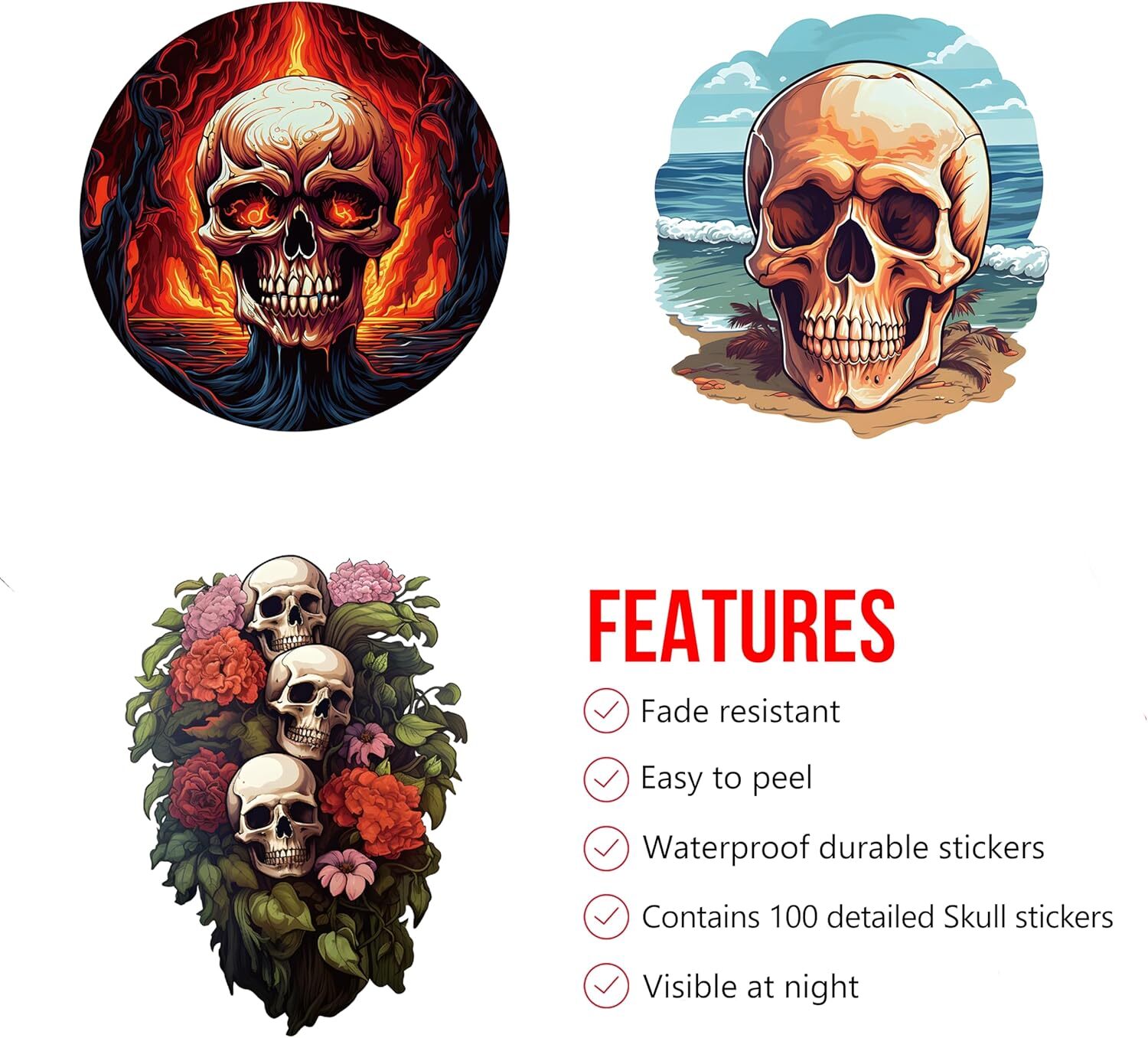 100 Pack Skull Stickers (Large Size), Decal Sticker for Multicolor