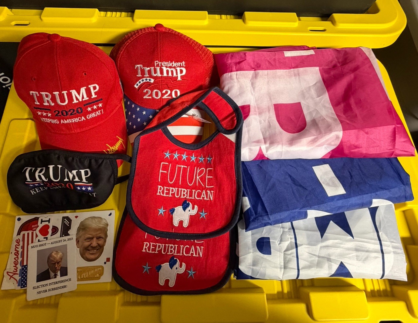 Donald Trump 2020 Keep America Great Lot: Flags Hats Mask Baby Bibs Stickers