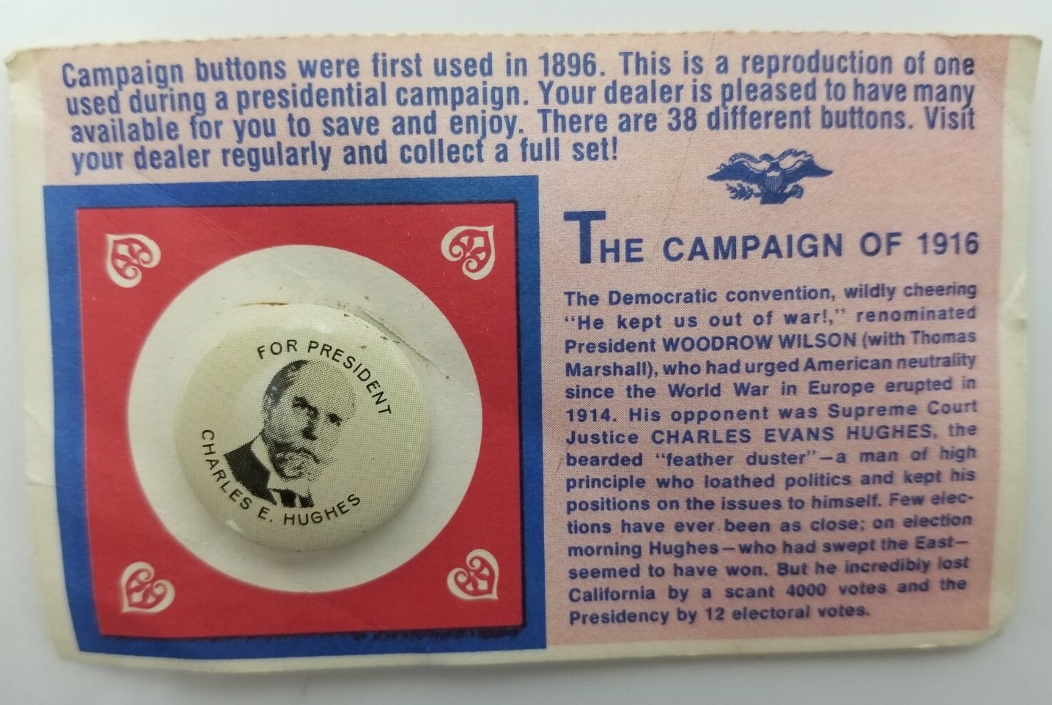 Political Pin Button Campaign of 1916 Charles E Hughes 7/8″