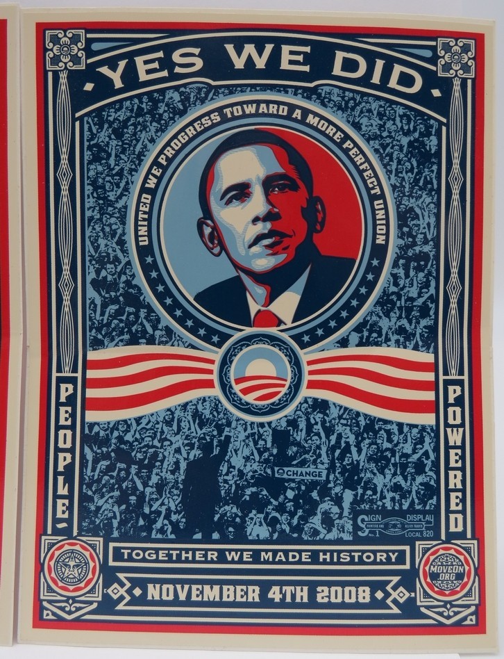2 PRESIDENT BARACK OBAMA ‘YES WE DID’ SHEPARD FAIREY STICKERS