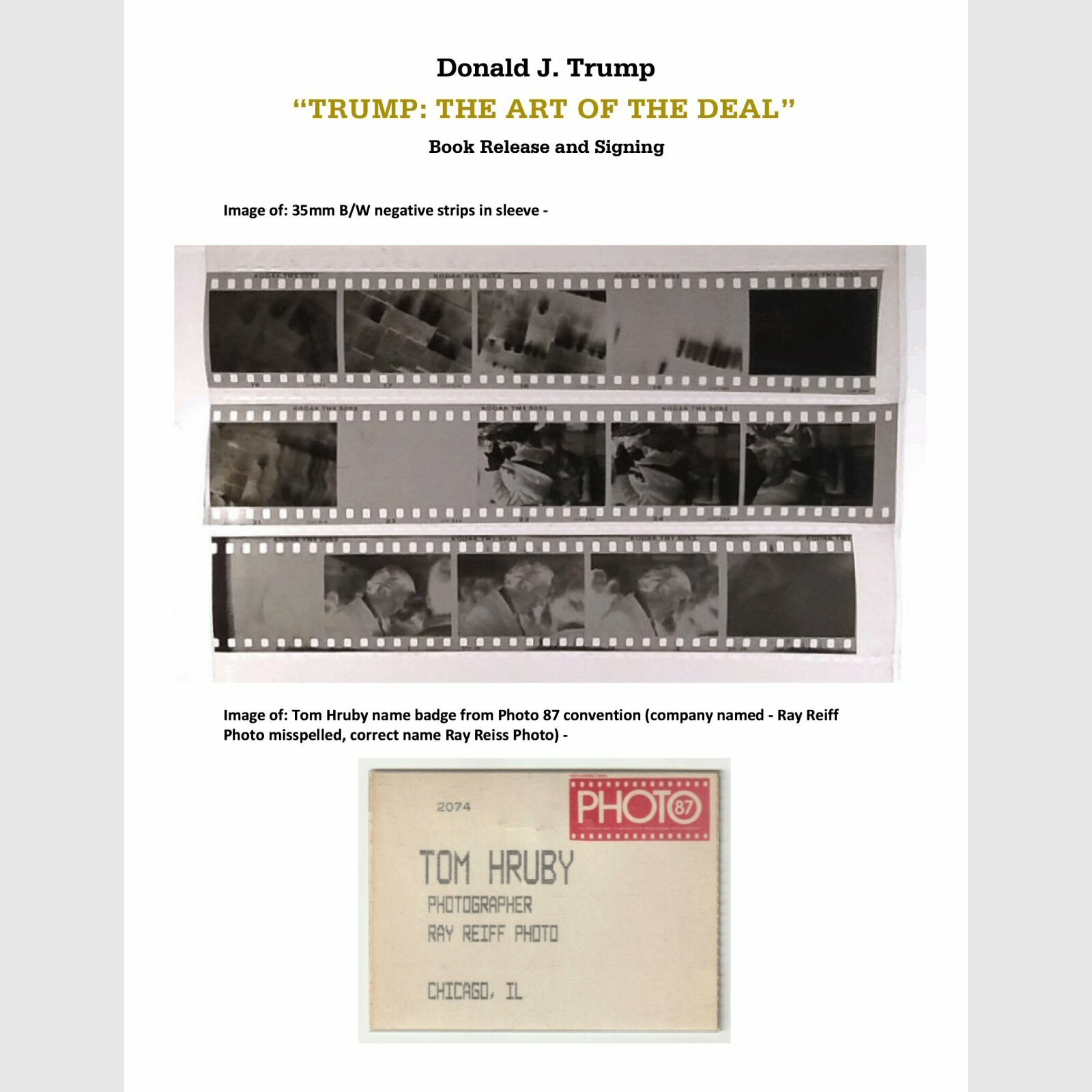 Donald Trump Art of the Deal release Nov 1987 35mm negatives all rights to buyer