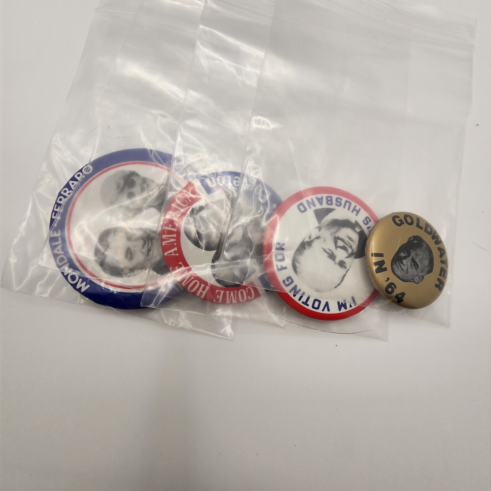 Pinback Buttons Lot 4 Including 1st Female USVP Candidate 60s-80s Political