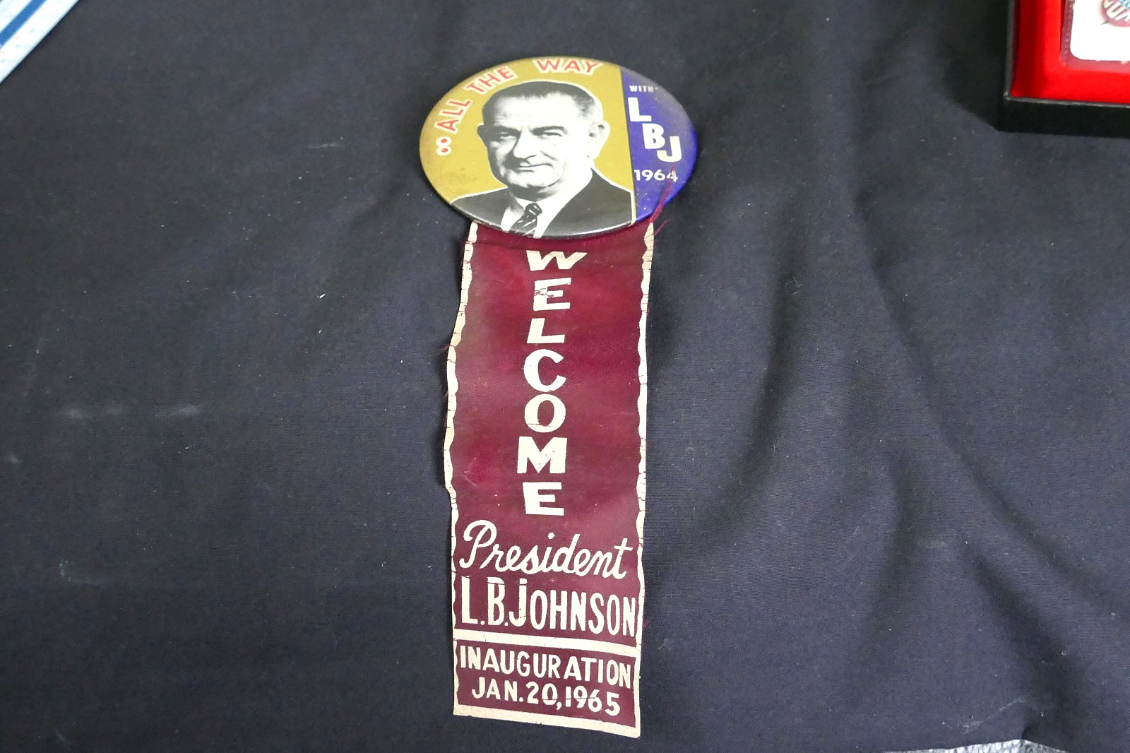 LBJ Lyndon Johnson 1964 Button Pin & Attached Inaugeration Ribbon Jan. 20 1965