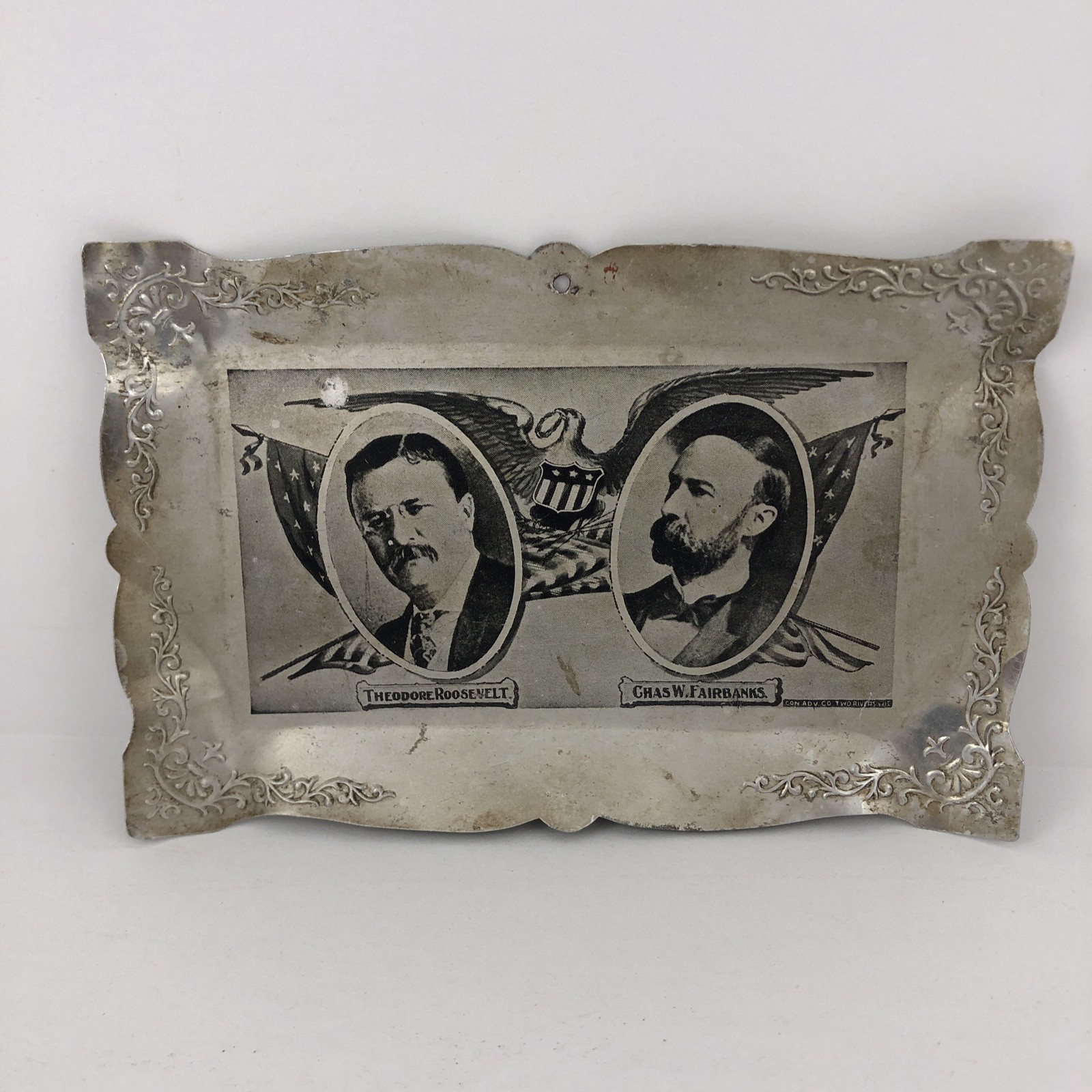 Antique 1904 Theodore Roosevelt & Fairbanks Campaign Aluminum Tip Tray RARE