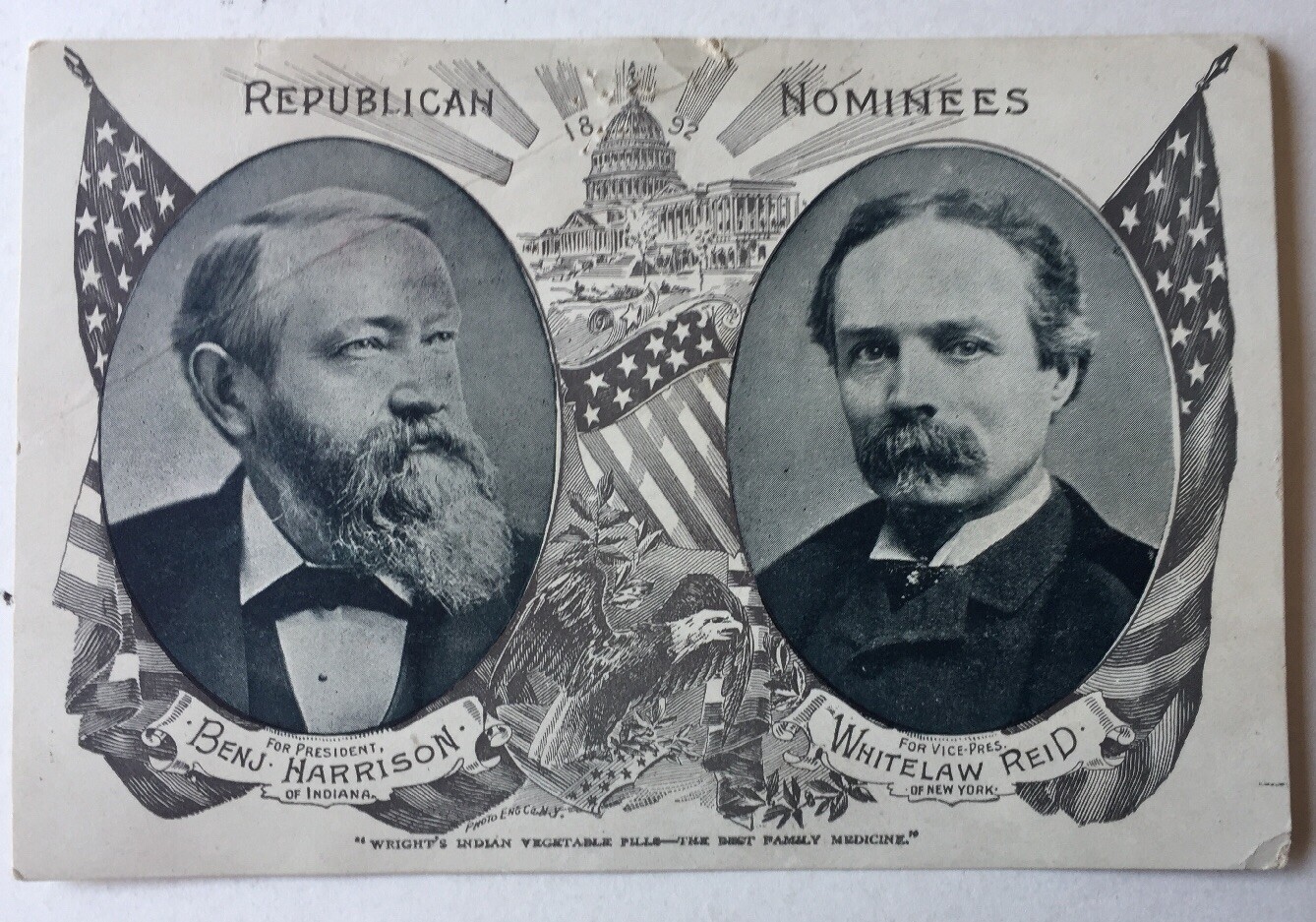 1892 Republican Presidential Nominees Trade Card Wright’s Indian Vegetable Pills
