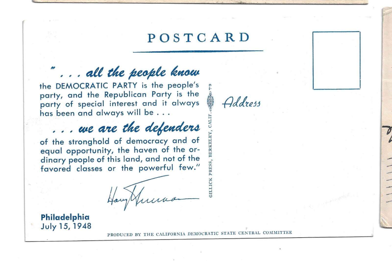 HTF 1948 Truman 4 Prez Campaign Postcard California Delegation 2 DNC Compliments