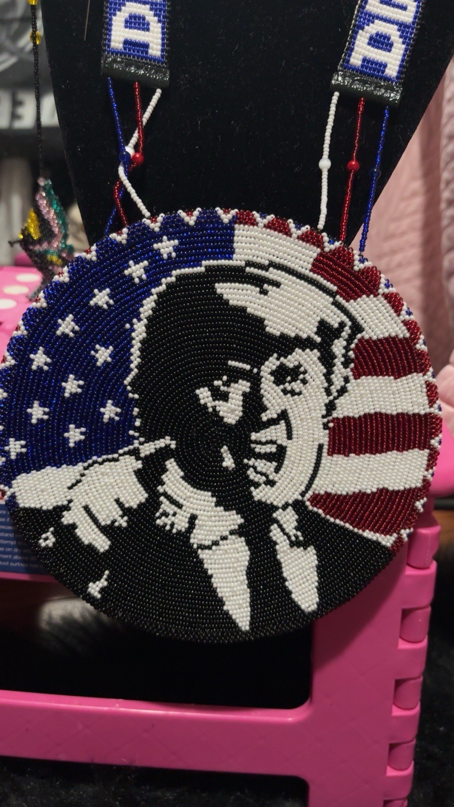 Handmade Trump Medallion With MAGA Beaded Chain and American Flag