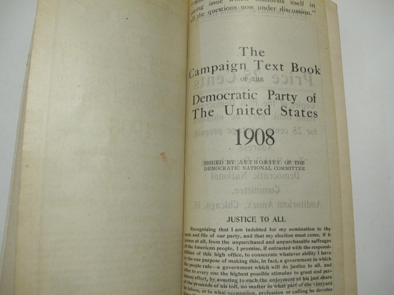 ORIGINAL CAMPAIGN TEXT BOOK DEMOCRATIC PARTY OF THE UNITED STATES 1908 289 PAGES