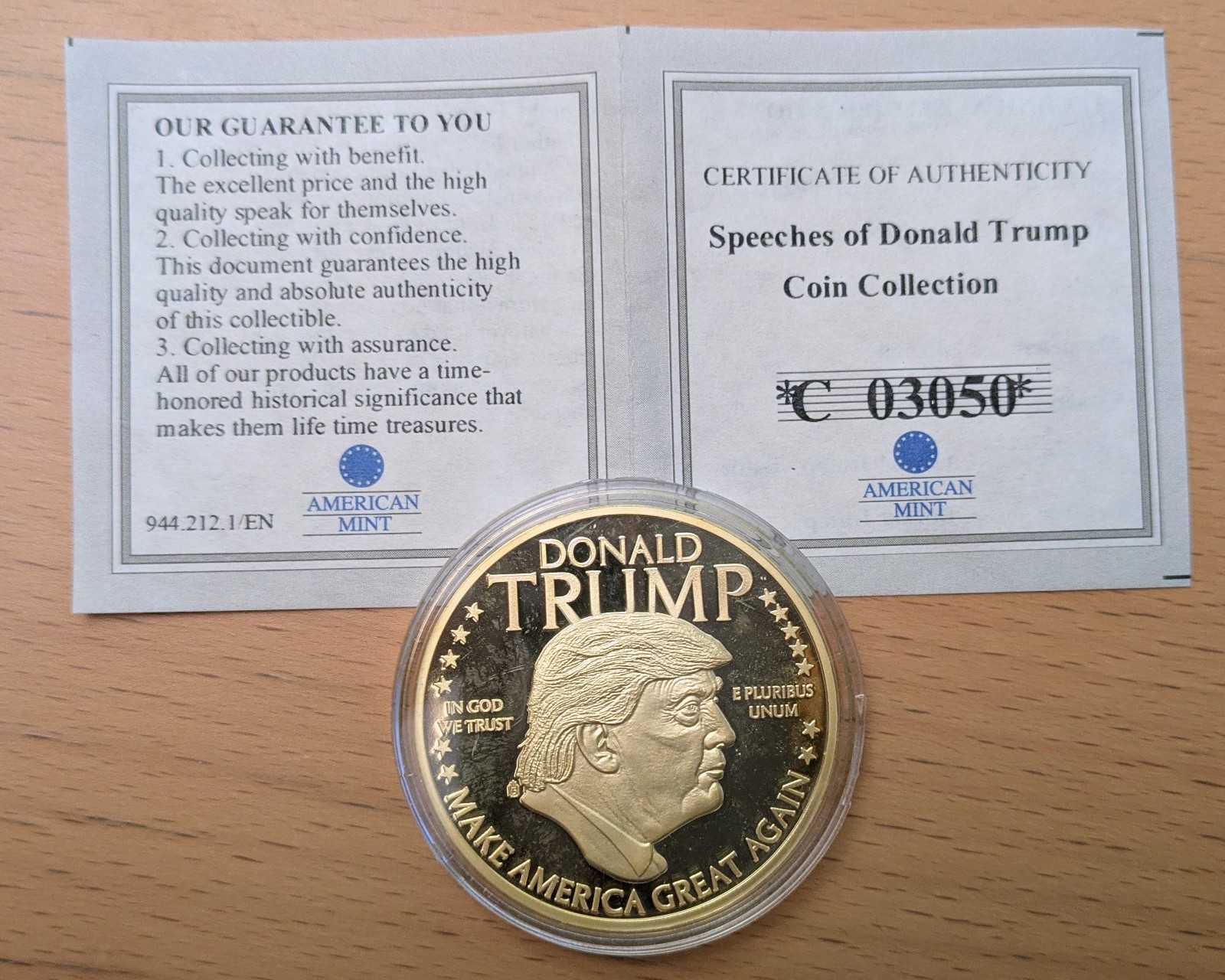 Donald Trump Gold-Plated Proof Coin – American Mint – 2016 – COA C03050