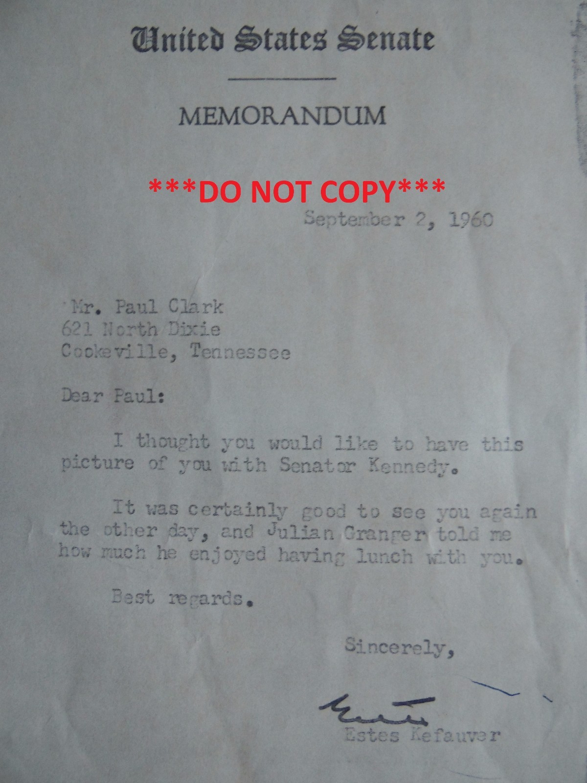 1960 Senator Kennedy JFK President Estes Kefauver Photo & US Senate Memorandum