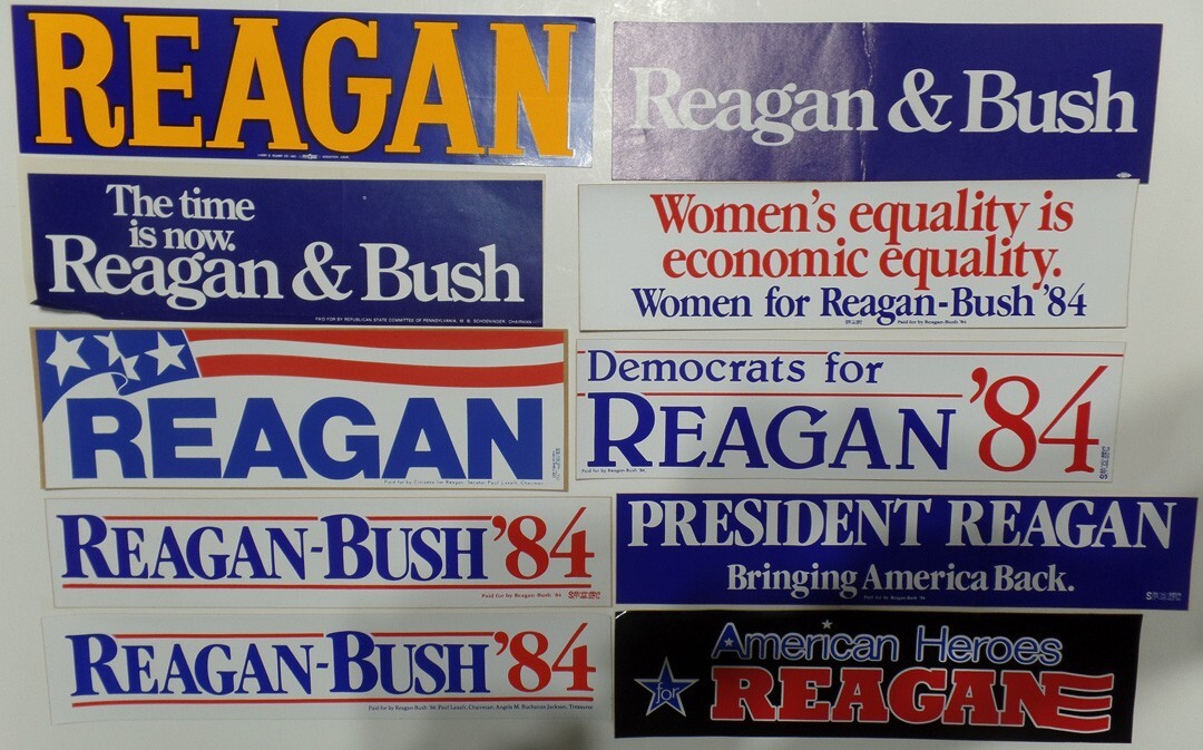 Ten Different Ronald Reagan Campaign Bumper Stickers 1966, 1980 & 1984