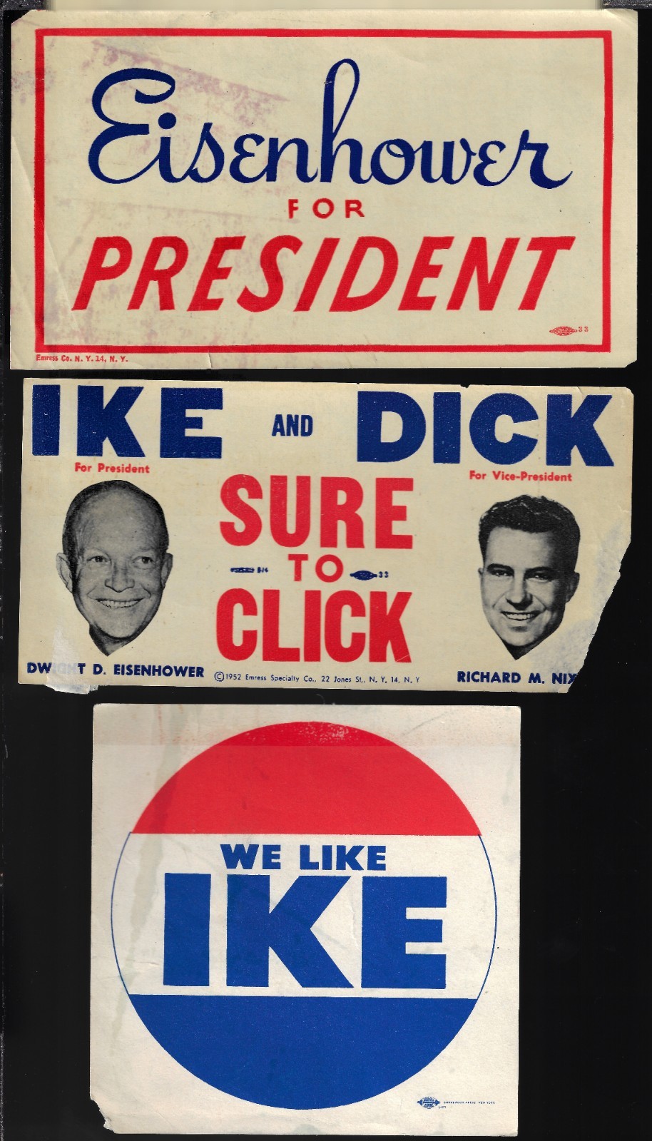 3 Damaged Dwight Eisenhower Presidential Campaign Window Decals/Stickers