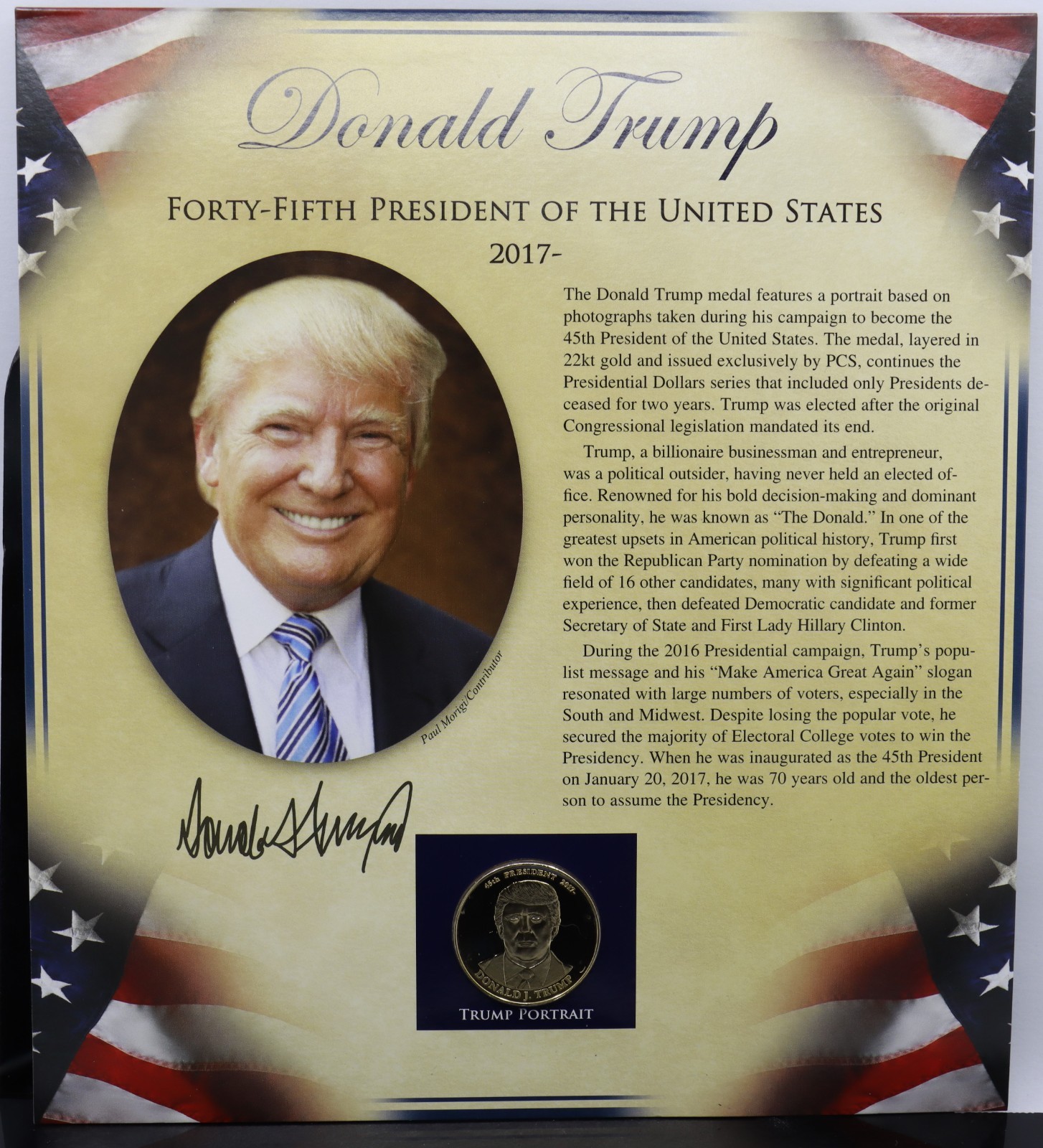 Donald Trump 45TH President Commemorative Medal & Stamps on Collector Card