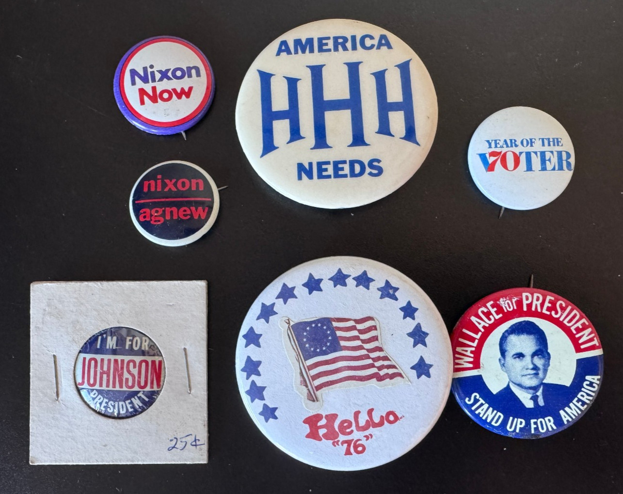 Lot of 7 US Political Pinback Buttons 60s&70s HHH/Wallace/LBJ/Nixon/Bicentennial