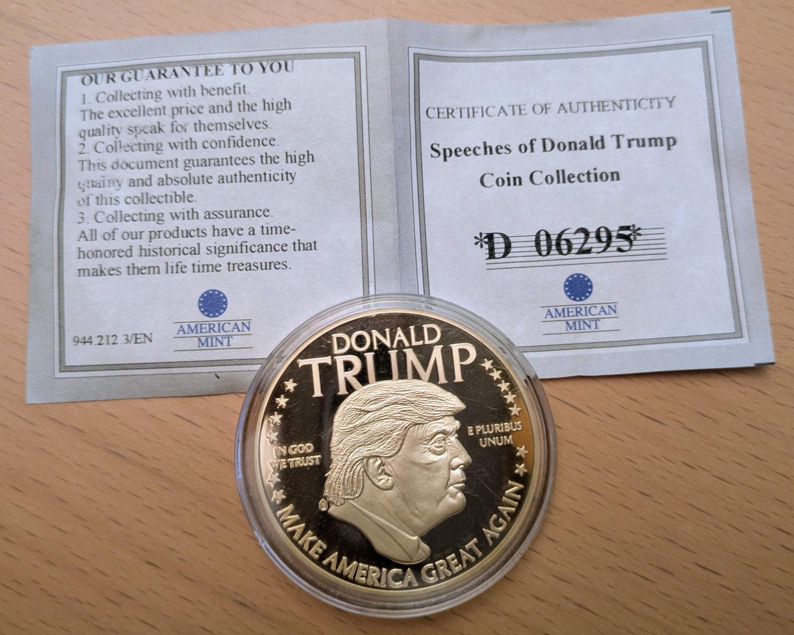 Donald Trump Gold-Plated Proof Coin – American Mint – 2016 – COA D06295