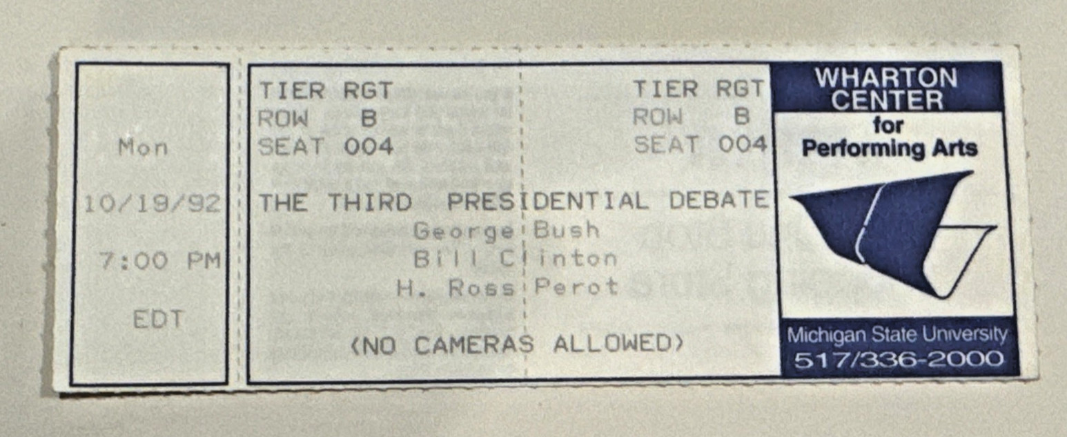 FREE SHIP! Ticket 3rd Presidential Debate Oct 1992 Clinton Bush Perot HISTORIC