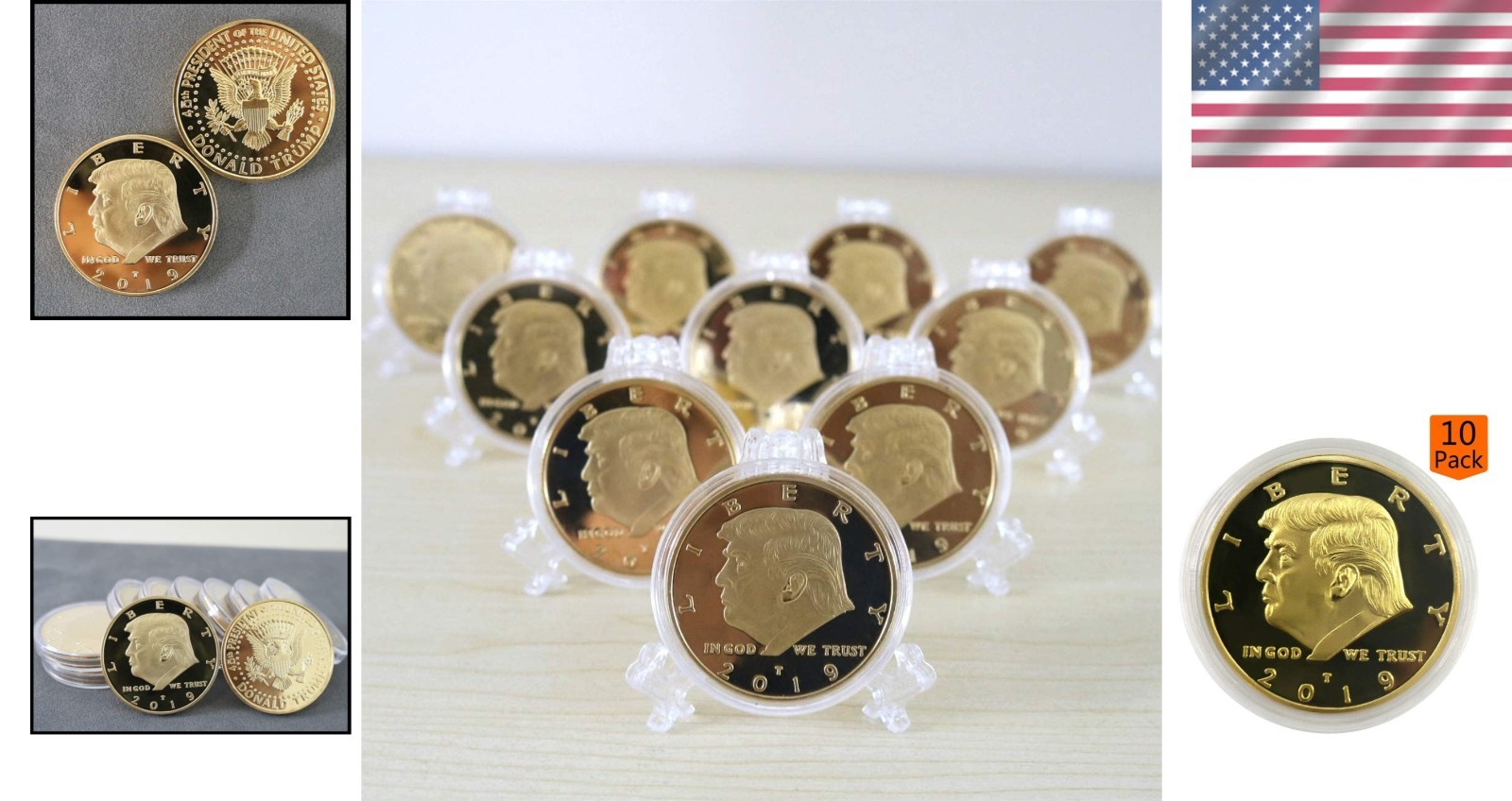Collectible Gold Plated Trump Coins – 10 Pack, 38.1 mm Diameter, Gift-Ready 2019