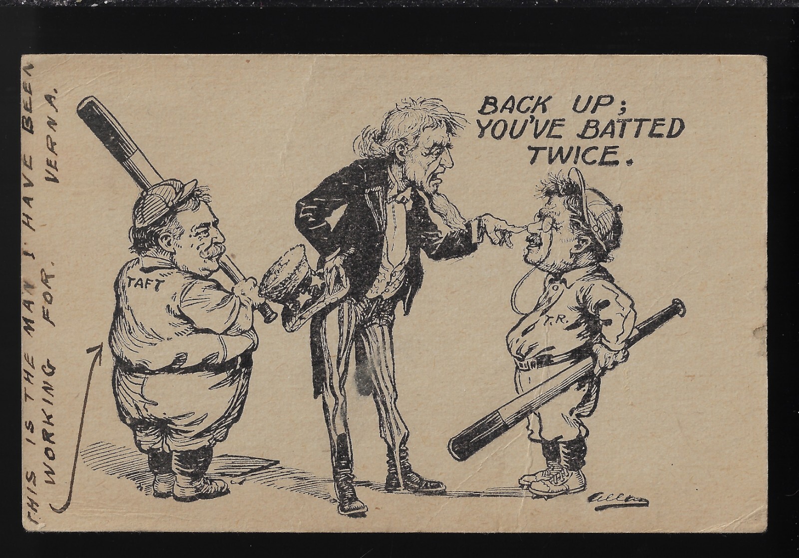 1912 anti-T Roosevelt pro-Taft Cartoon Postcard Part of Set Uncle Sam Baseball