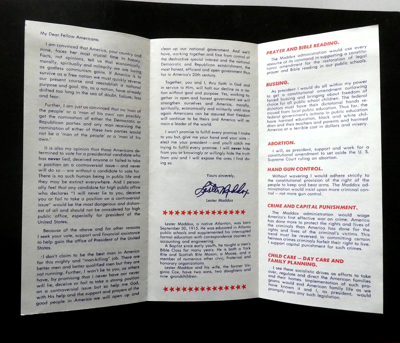 1976 Lester Maddox For President Brochure Cards Georgia Governor segregationist