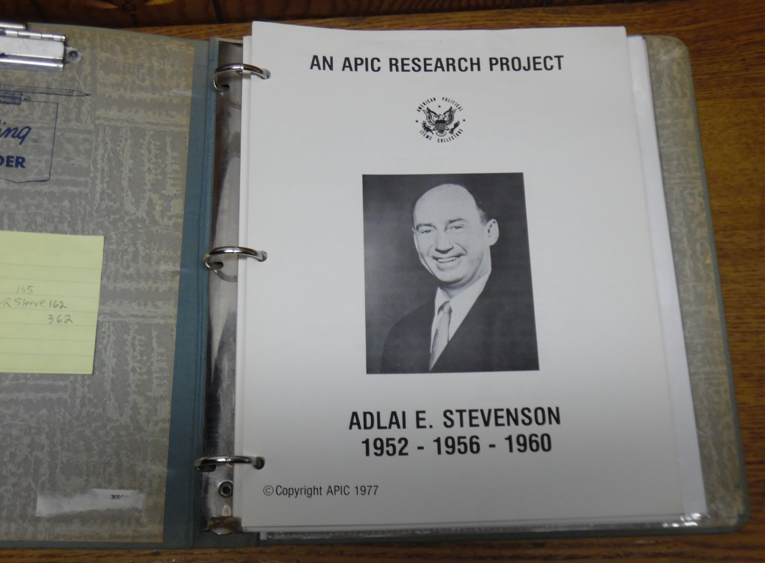 Vintage 1977 APIC Research Project Am. Political Items Binder Adlai E. Stevenson