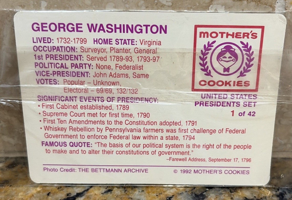 1992 Mother’s Cookies U.S. Presidents George Washington Trading Cards Sealed