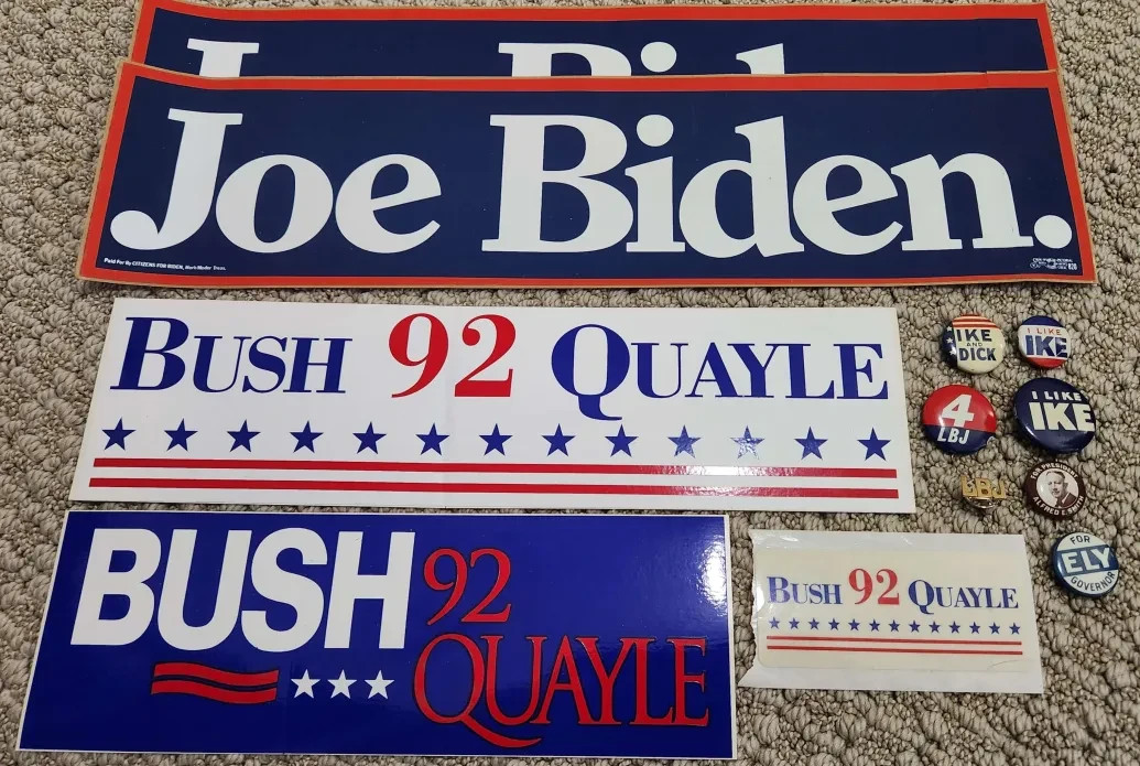 Vintage Presidential Political Pin Bumper Sticker Lot, Ike, Bush 92, Biden 88