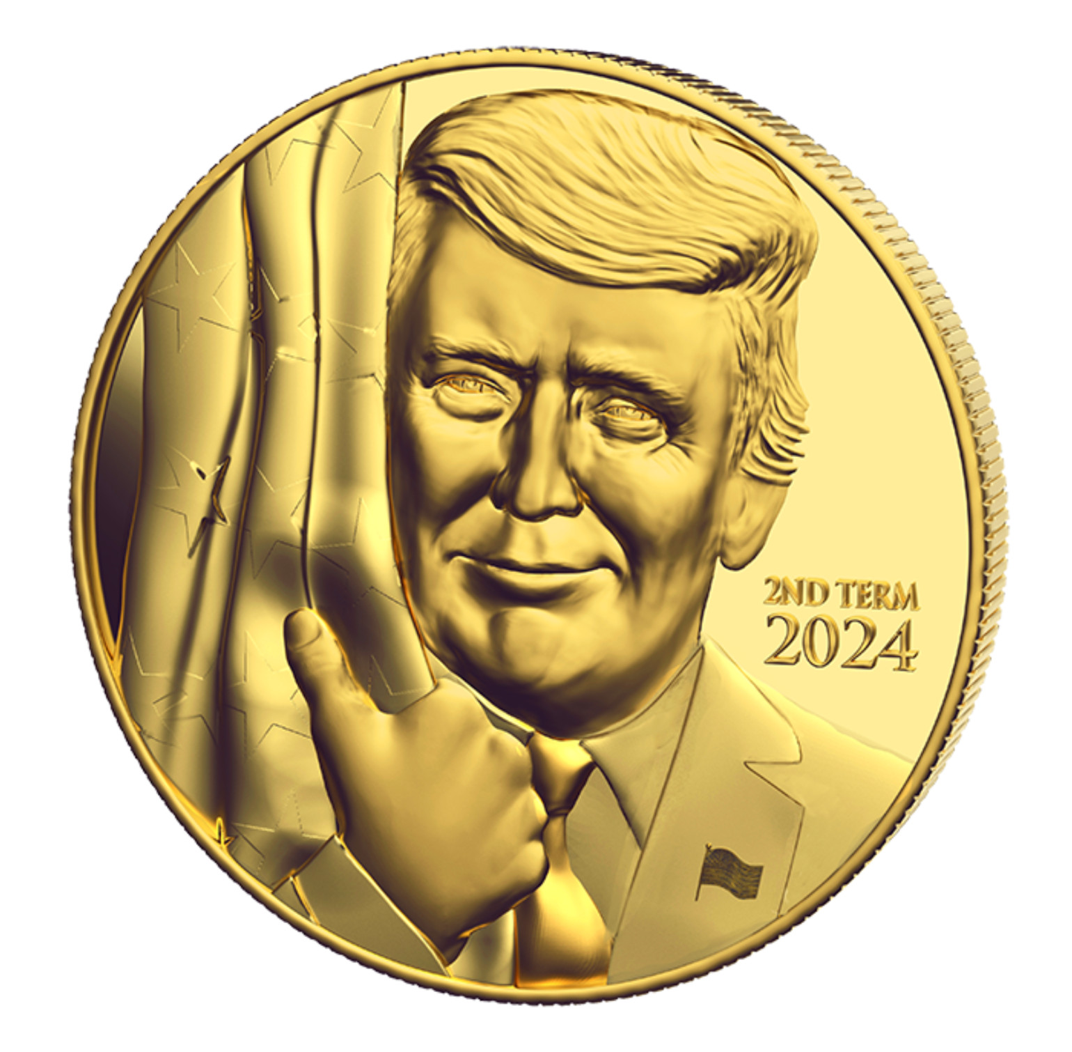 2024 Trump Gold Flag Hug Commemorative Coin, Uncirculated, Reverse Liberty Torch