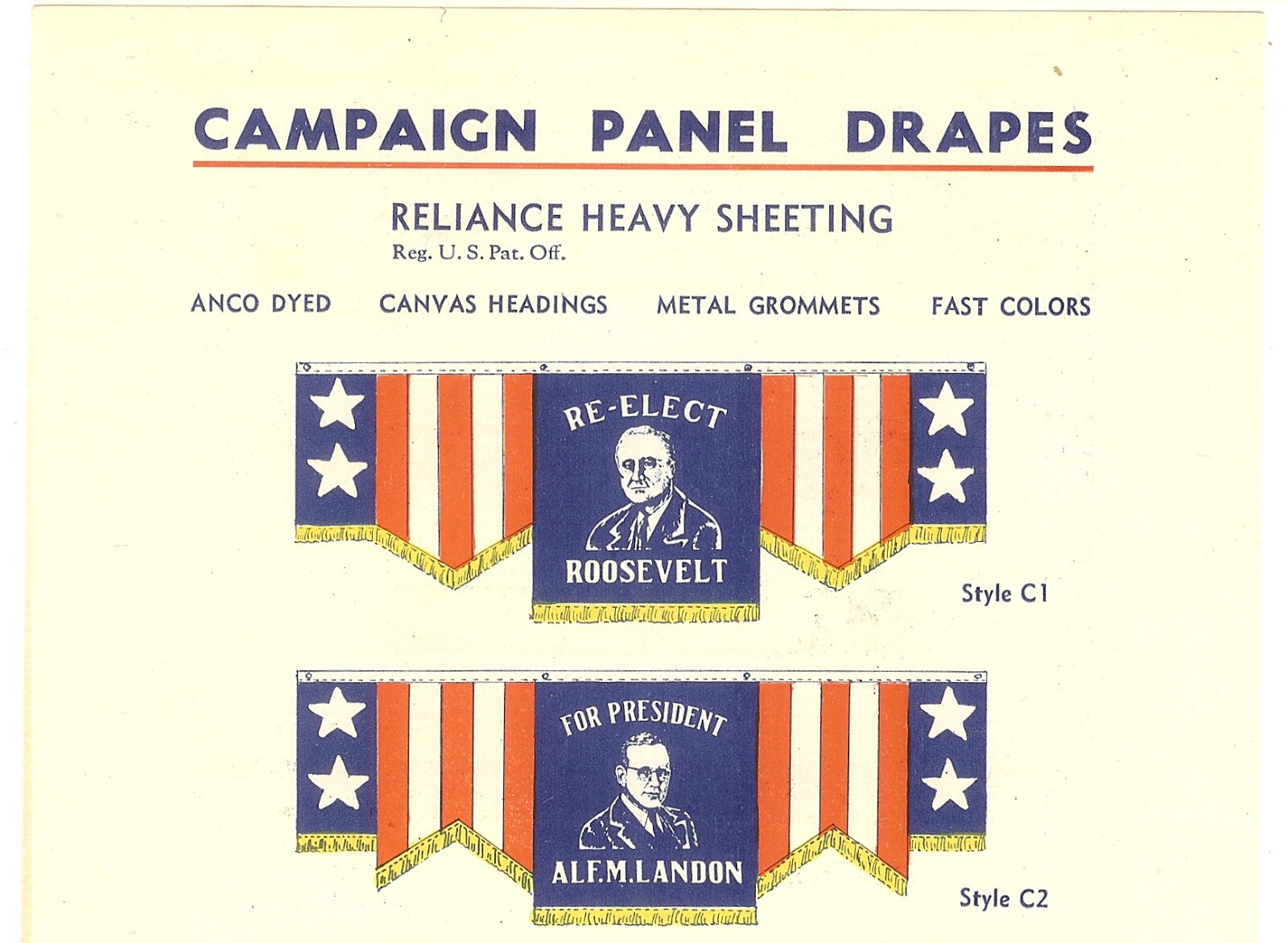 2-Sided 1936 Campaign Panel Drapes for Roosevelt & Landon ~ CampaignAdvertising