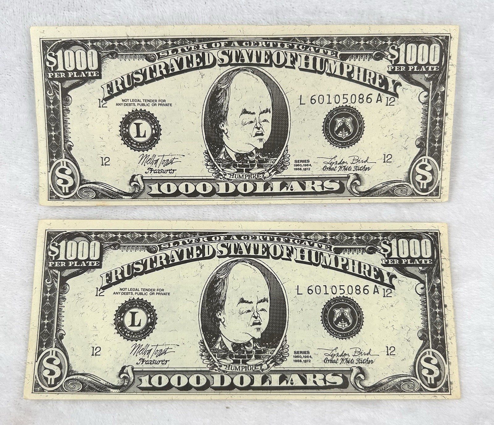 TWO Hubert H. Humphrey 1972 Presidential Campaign Cartoon Currency Bills