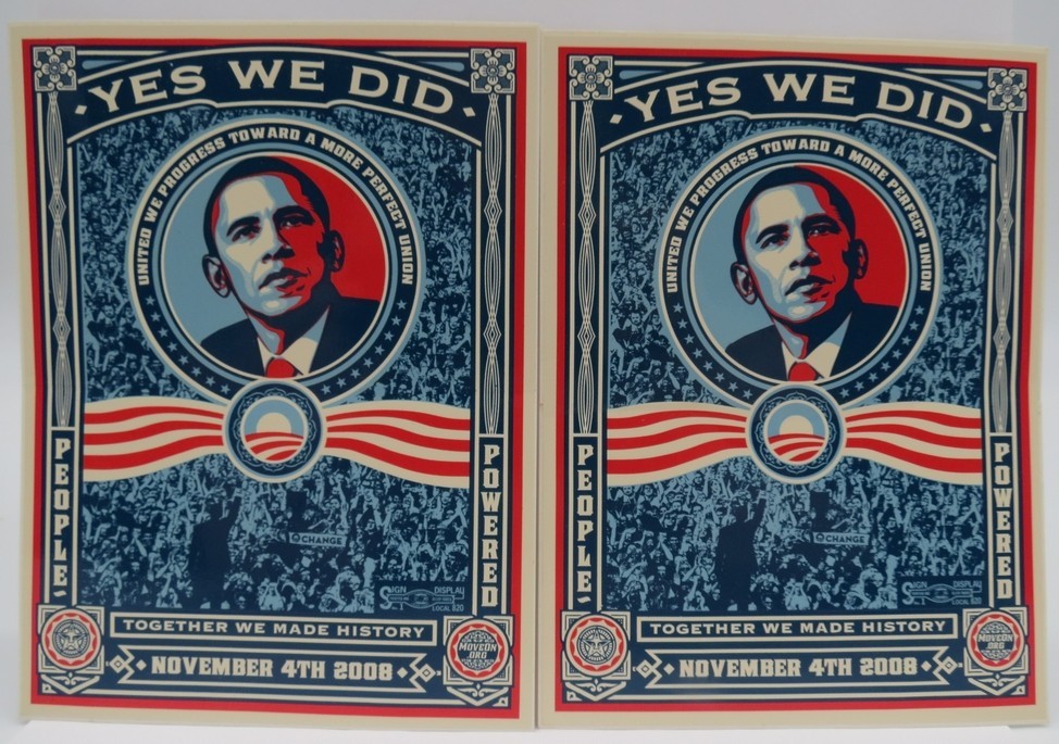 2 PRESIDENT BARACK OBAMA ‘YES WE DID’ SHEPARD FAIREY STICKERS