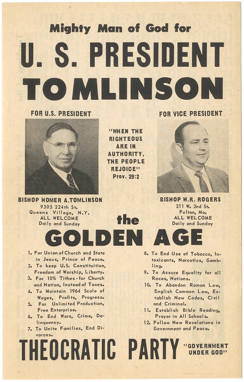 1964 Tomlinson Rogers Theocratic Party Fringe Ticket Handbill