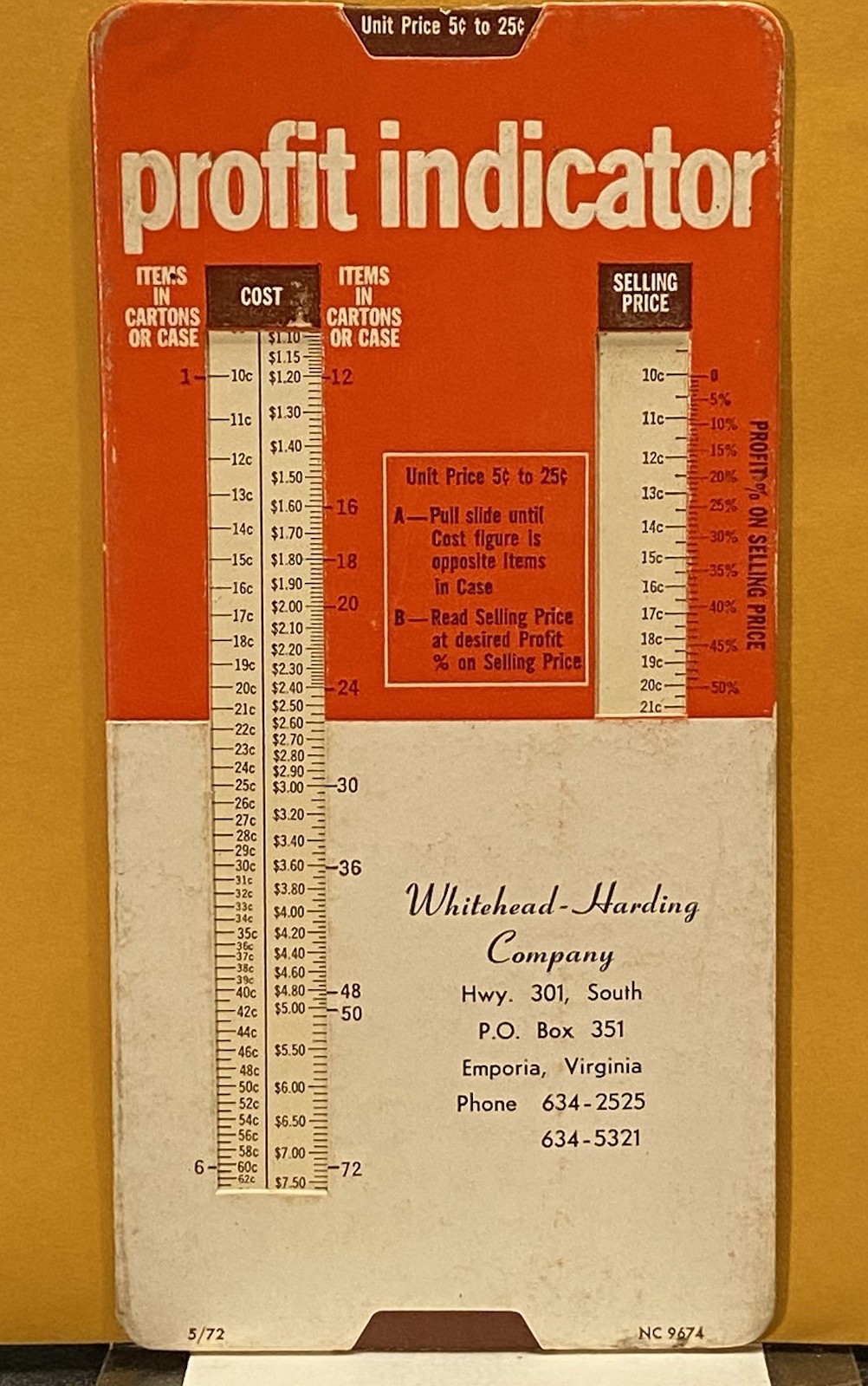 VINTAGE SLIDE PROFIT INDICATOR WHITEHEAD-HARDING CO. EMPORIA VIRGINIA