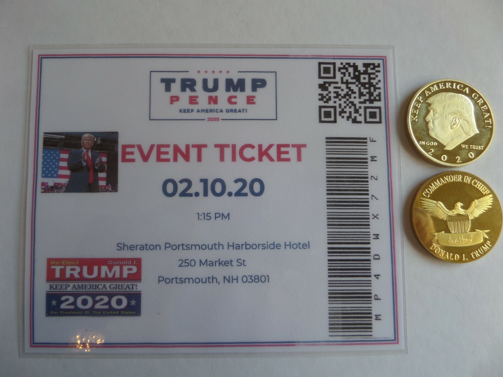 DONALD TRUMP (MAGA) RALLY, 02-10-2020,Ticket, PORTSMOUTH, NH + 2020 Trump Coin
