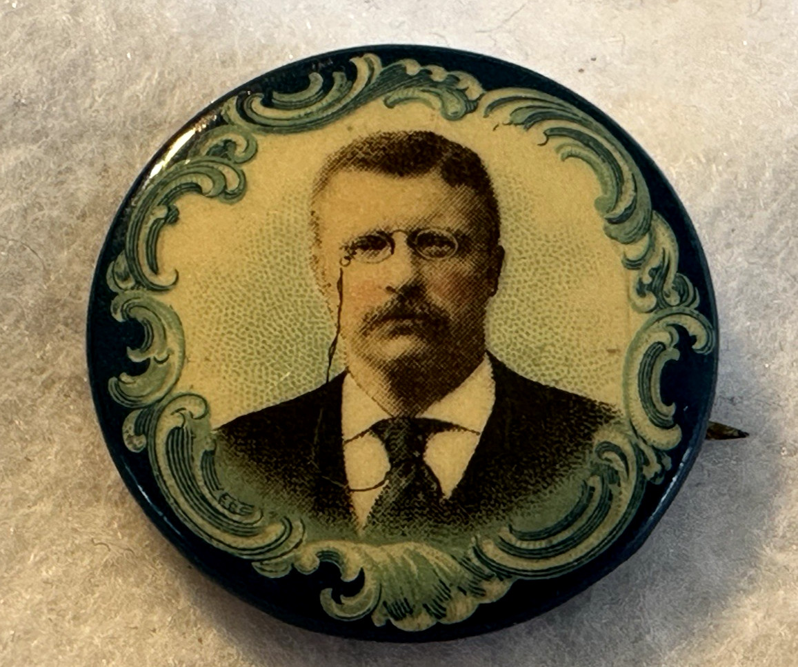 Rare 1904 Photographic Portrait Theodore Roosevelt Campaign Pin Rare Blue Border