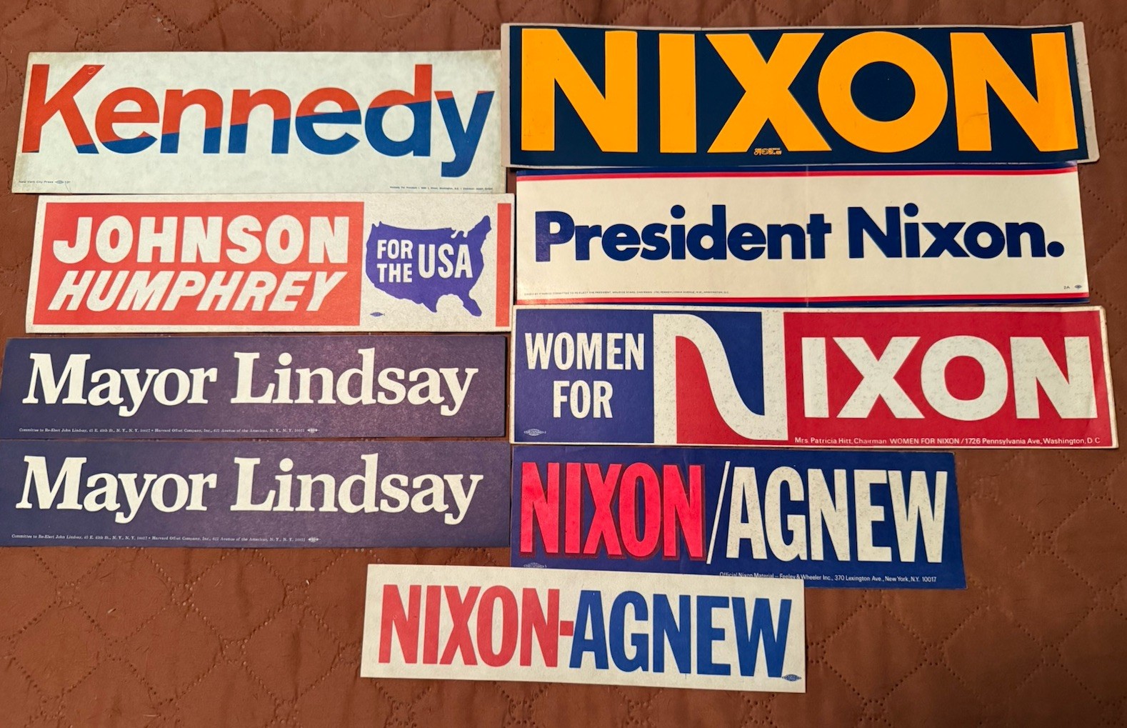 Mixed Lot 9 Old Presidential Bumper Stickers * JFK Nixon Johnson Lindsay Vintage