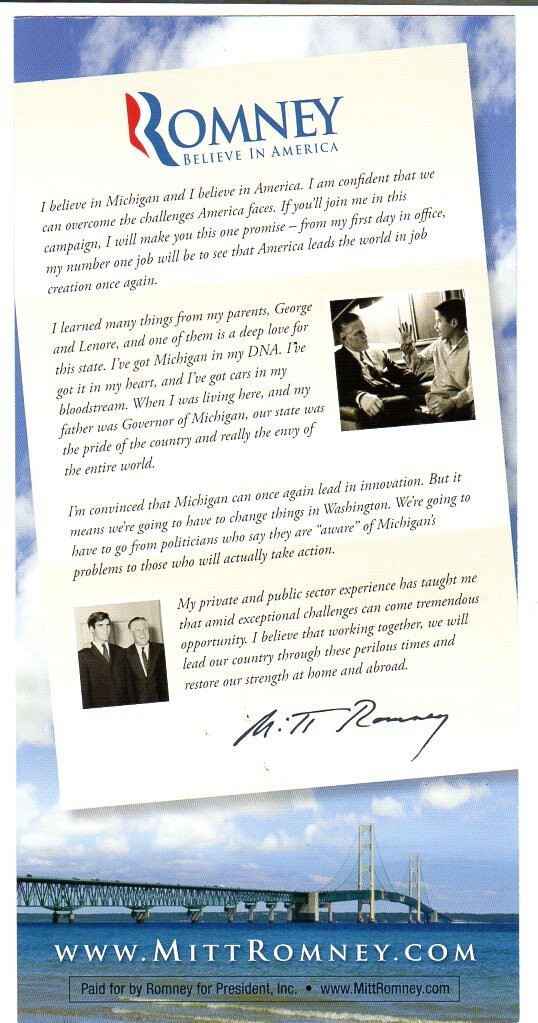 2012 Mitt Romney Believe in America Campaign Card