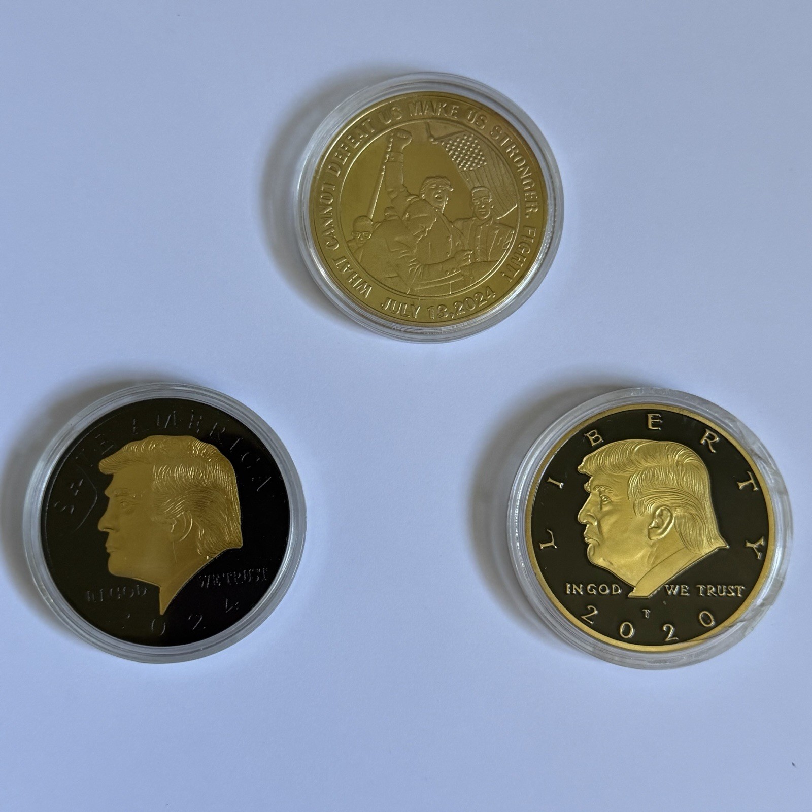 Lot of 3 Donald Trump Commemorative Challenge Coins 2020 July 13 2024 Gold