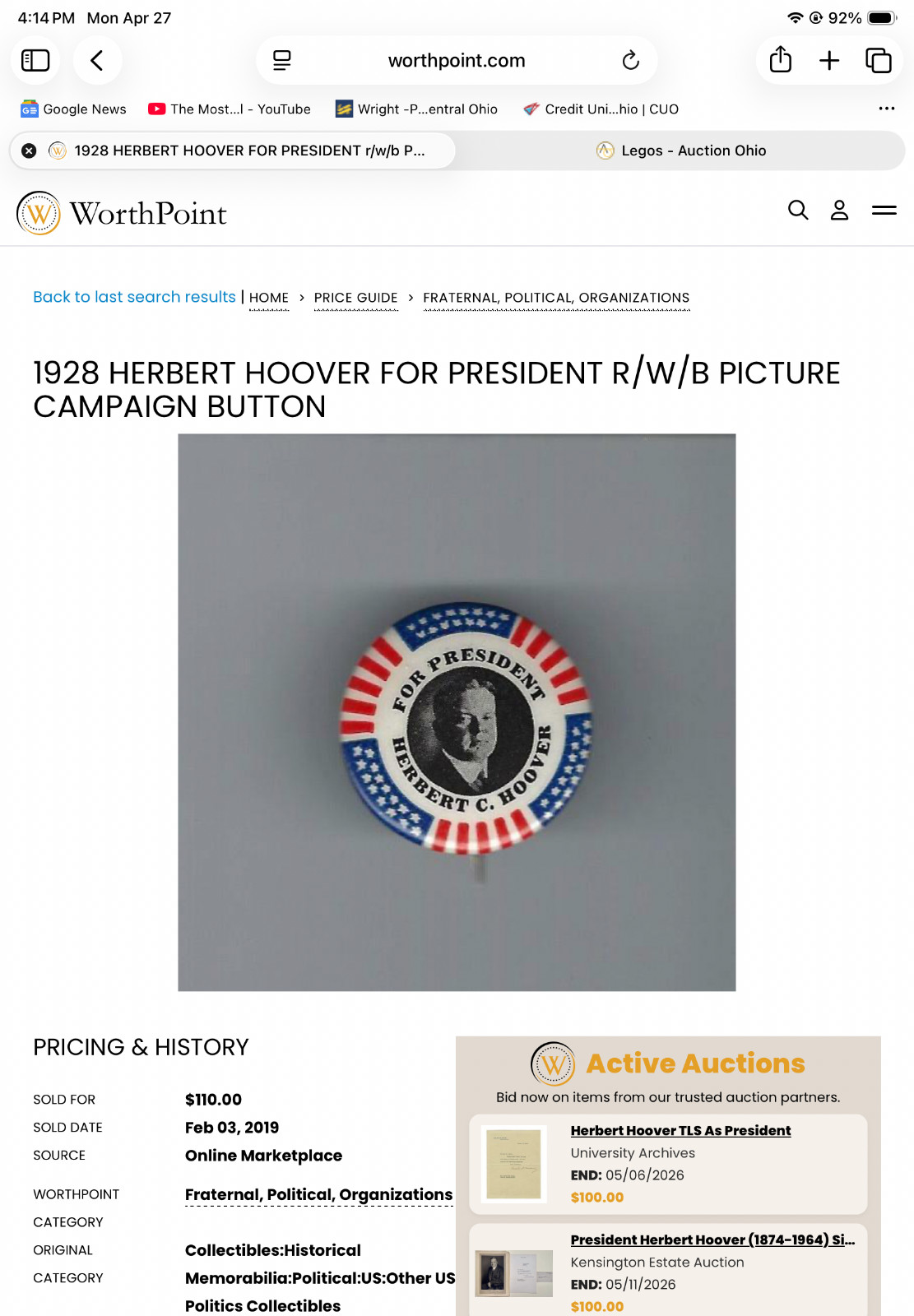 1928 HERBERT HOOVER President 1 1/4″ Red-White-Blue Photo Campaign Pin/Button